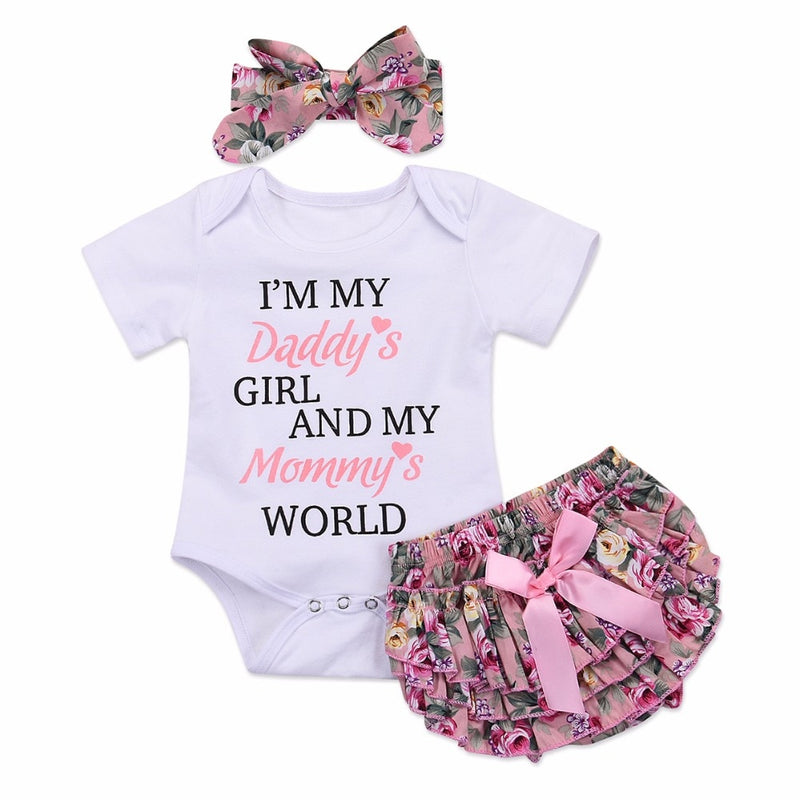 Puseky 2pcs/set Baby Daddy Girl Mommy World Short Sleeve Romper Top+Floral Ruffle Layer Romper Dress+Bowknot Headband Clothes