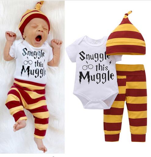 3PCS Baby Clothing Set Newborn Baby Boys Girls Letter Muggler Tops Bodysuit+Stripe Pants+Hat Outfits Clothes 0-24M Super Cute